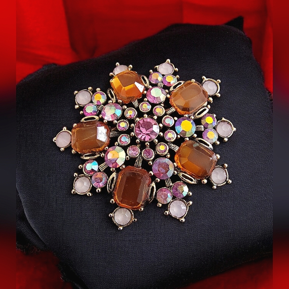Orange & Pink Aurora Borealis Colored Snowflake Rhinestone Brooch Unsigned